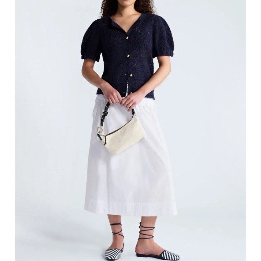 Women's Navy Pineapple Puff Sleeve Button-Front Cardigan Sweater Free Assembly